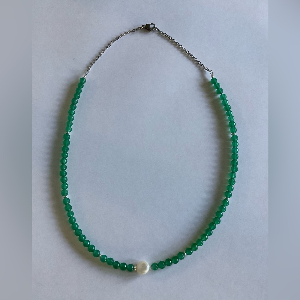 Handmade aventurine beaded necklace with Freshwater pearl 18” stainless steel